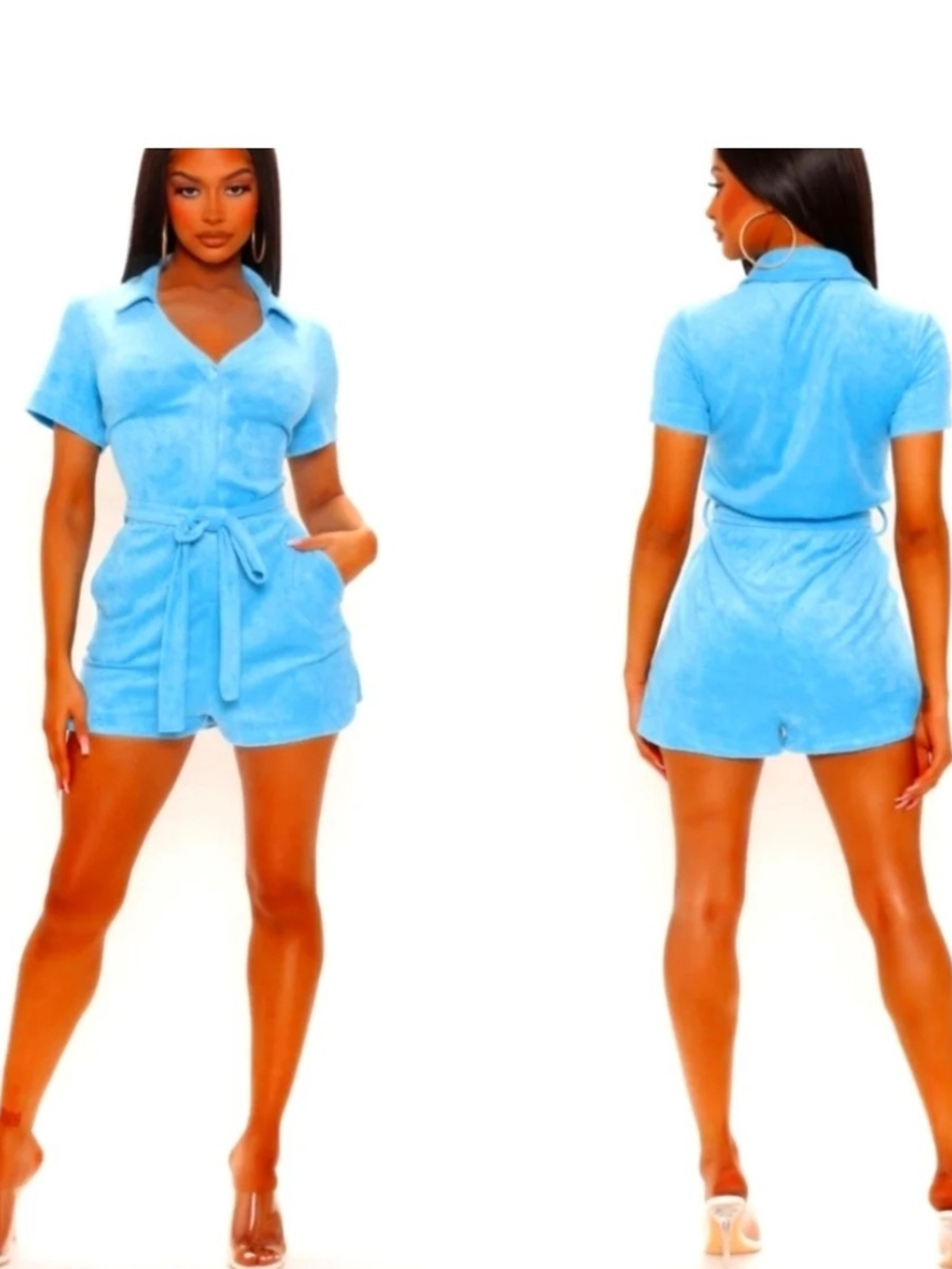 Fashion Nova Light Blue Terry Short Romper with Tie Waist